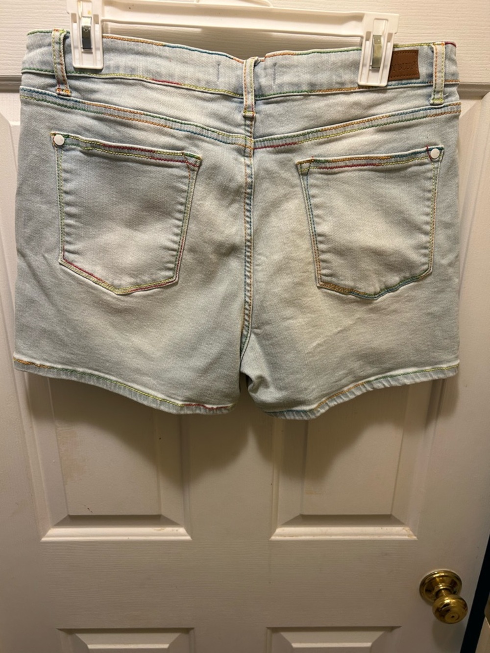 Judy Blue Pastel Light Blue Denim Shorts with Multicolor Stitching - Picture 2 of 5